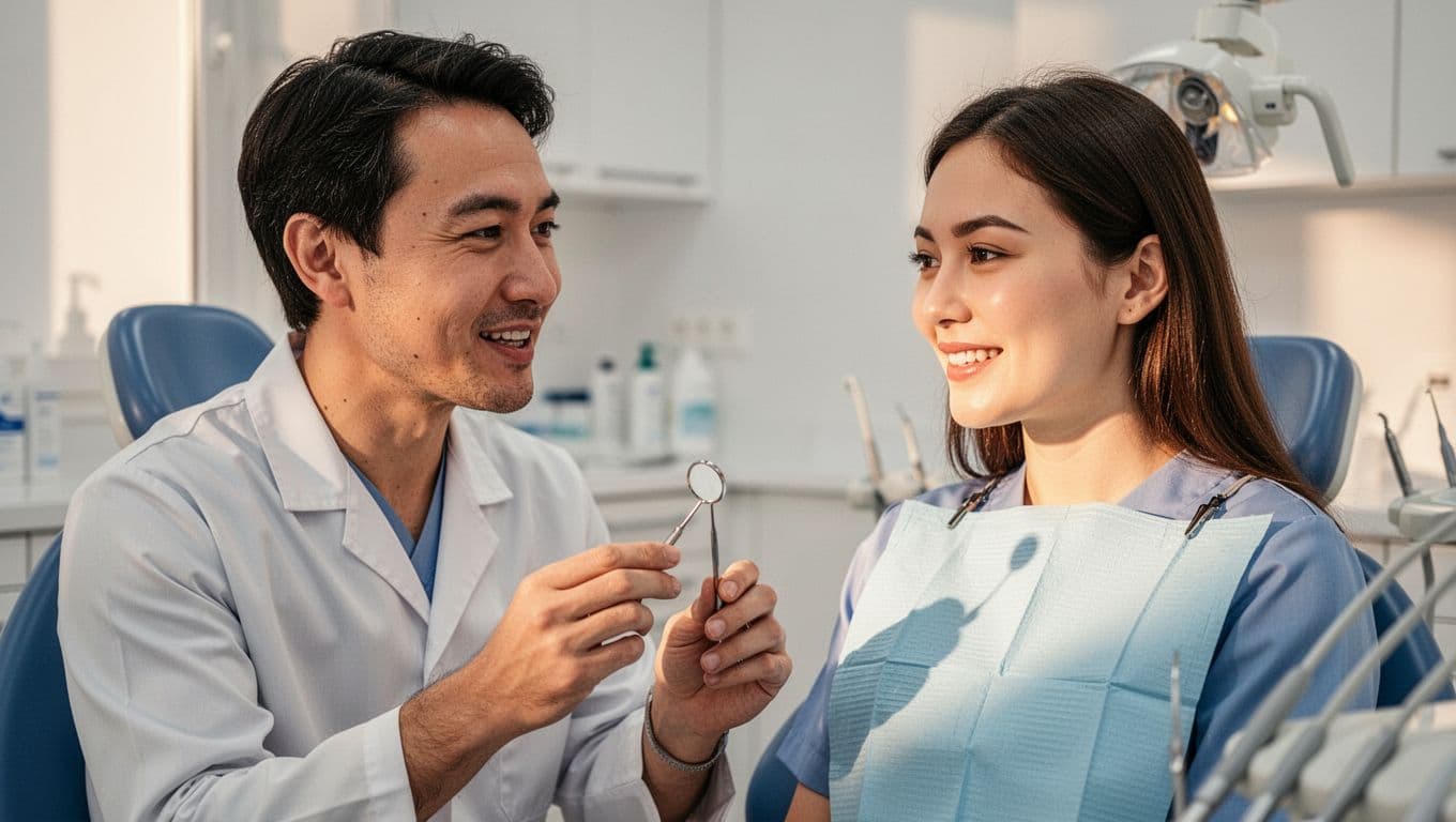 A dentist sits with a patient to discuss a dental treatment plan in a bright clinic.