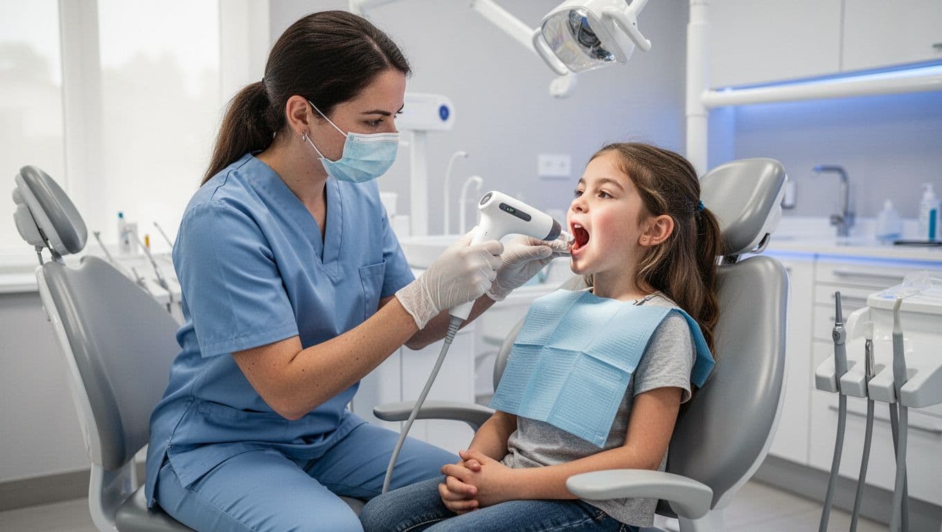 A dentist in scrubs employs a handheld digital intraoral scanner on a calm 7-year-old girl's mouth in a modern dental operatory with sleek equipment and blue lighting. The focused scene highlights professional, friendly scanner use with relaxed hands and no grips.