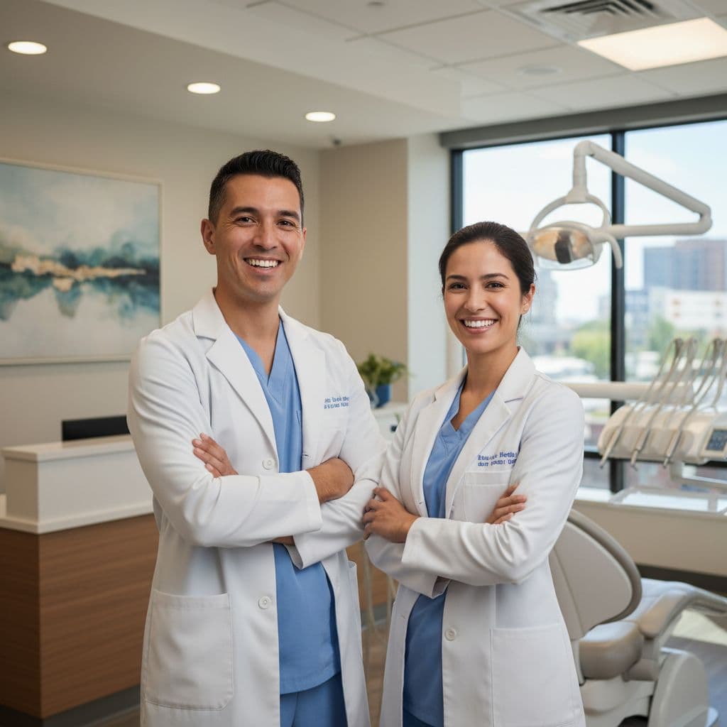 Two friendly dental professionals, one man and one woman in scrubs, stand smiling warmly inside a bright, modern dental office with soft lighting, conveying a professional and inviting atmosphere.