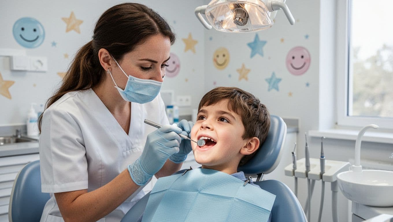 A friendly female dentist gently examines the teeth of a relaxed 7-year-old boy using a mirror and explorer tool, with the child slightly smiling in a clean, modern dental operatory featuring kid-friendly wall decals.