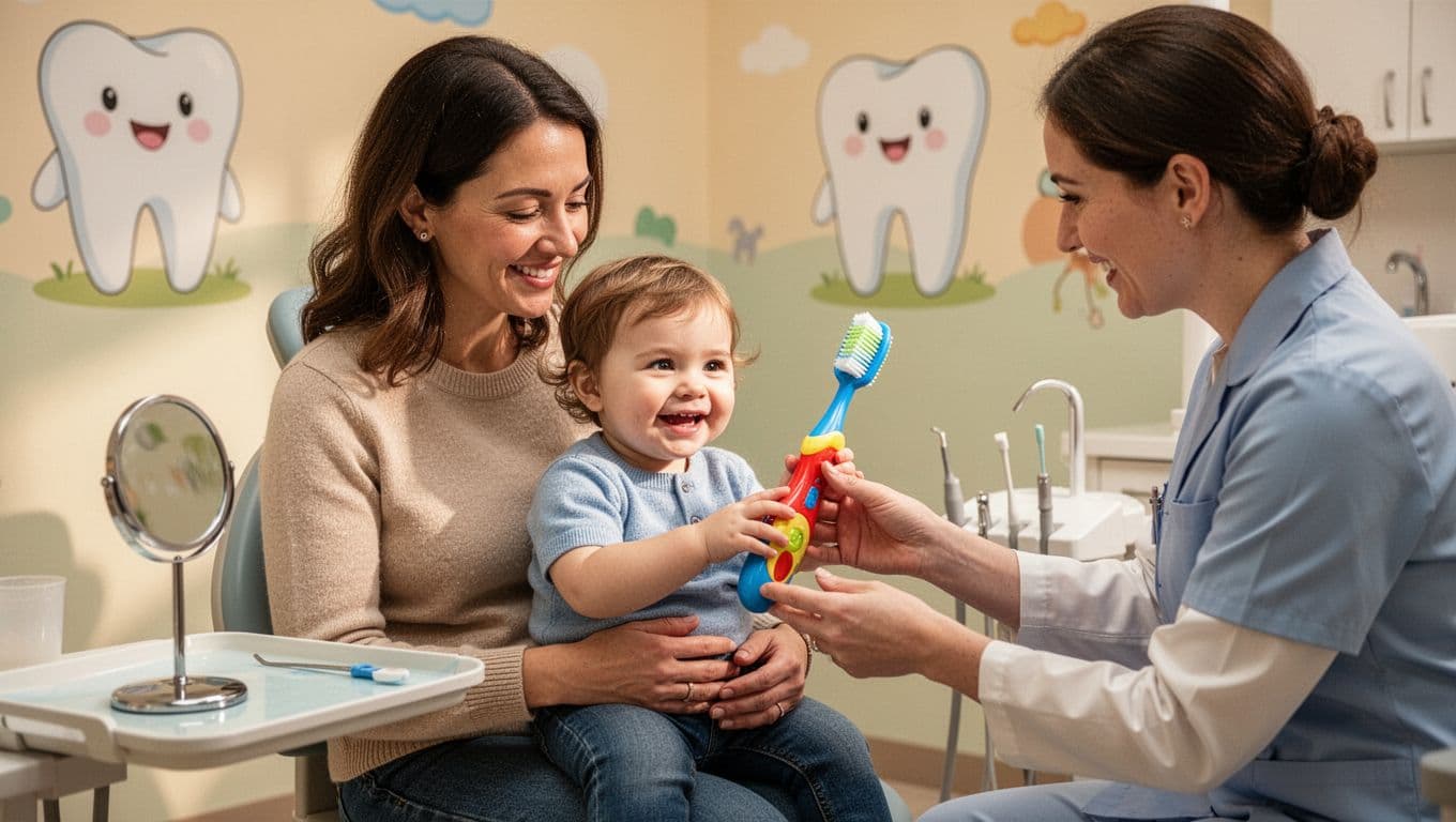A cheerful 2-year-old boy on his mother's lap in a pediatric dental office, engaged by a kind male dentist showing a large colorful toothbrush toy, with soft cartoon teeth decorations on the walls and warm lighting.