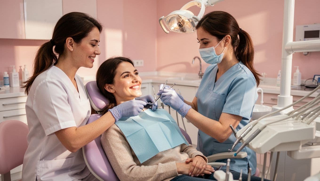 Relaxed patient smiles at hygienist adjusting tools in modern dental clinic.