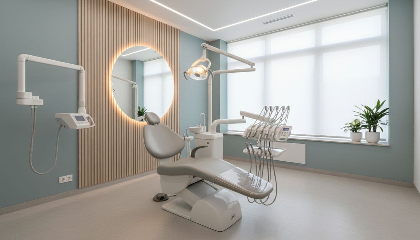 Bright modern dental clinic interior with a clean treatment room, dental chair, neatly arranged equipment, soft lighting, and a welcoming sterile atmosphere, empty with no patients or staff.