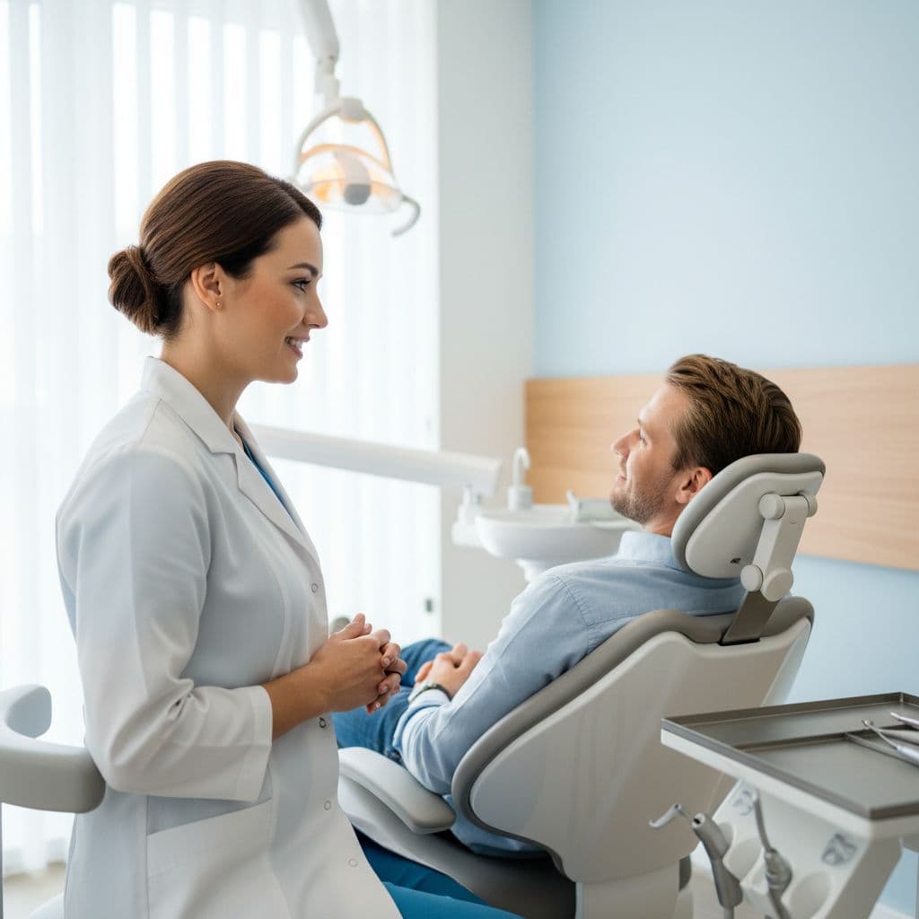 Side profile of a professional dentist in a white coat calmly talking to a patient seated in a dental chair within a bright modern clinic room featuring soft lighting.