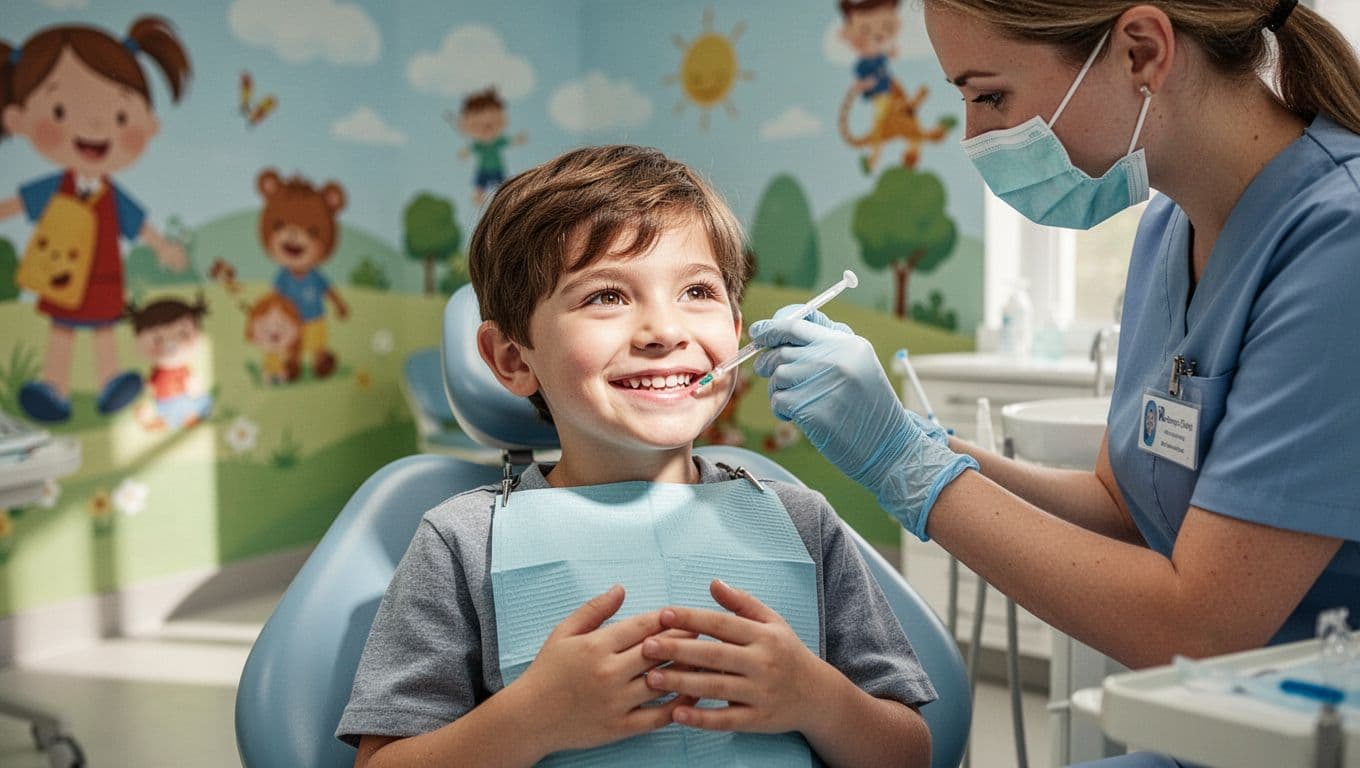 School-age boy around 8 years old smiling during a dental cleaning or fluoride varnish application by a kind hygienist in a child-friendly dental room with playful murals, medium shot on smiling face and gentle procedure.