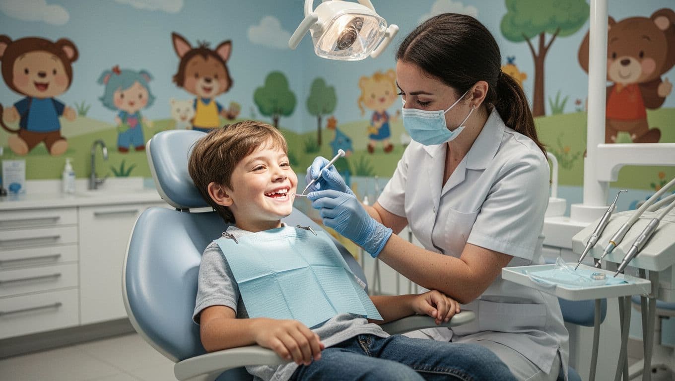 An 8-year-old child smiles relaxed in a dental chair as a male dentist carefully applies clear sealant to molars in a clean modern pediatric dental operatory with fun wall murals and natural overhead lighting.