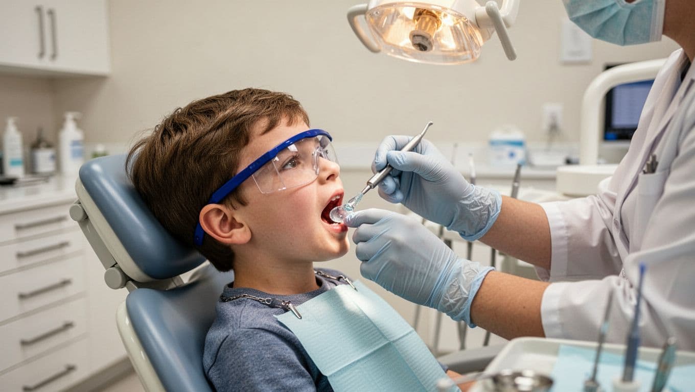 A smiling school-age child with protective glasses receives fluoride gel treatment from a dentist's hands in a modern kid-sized dental chair.