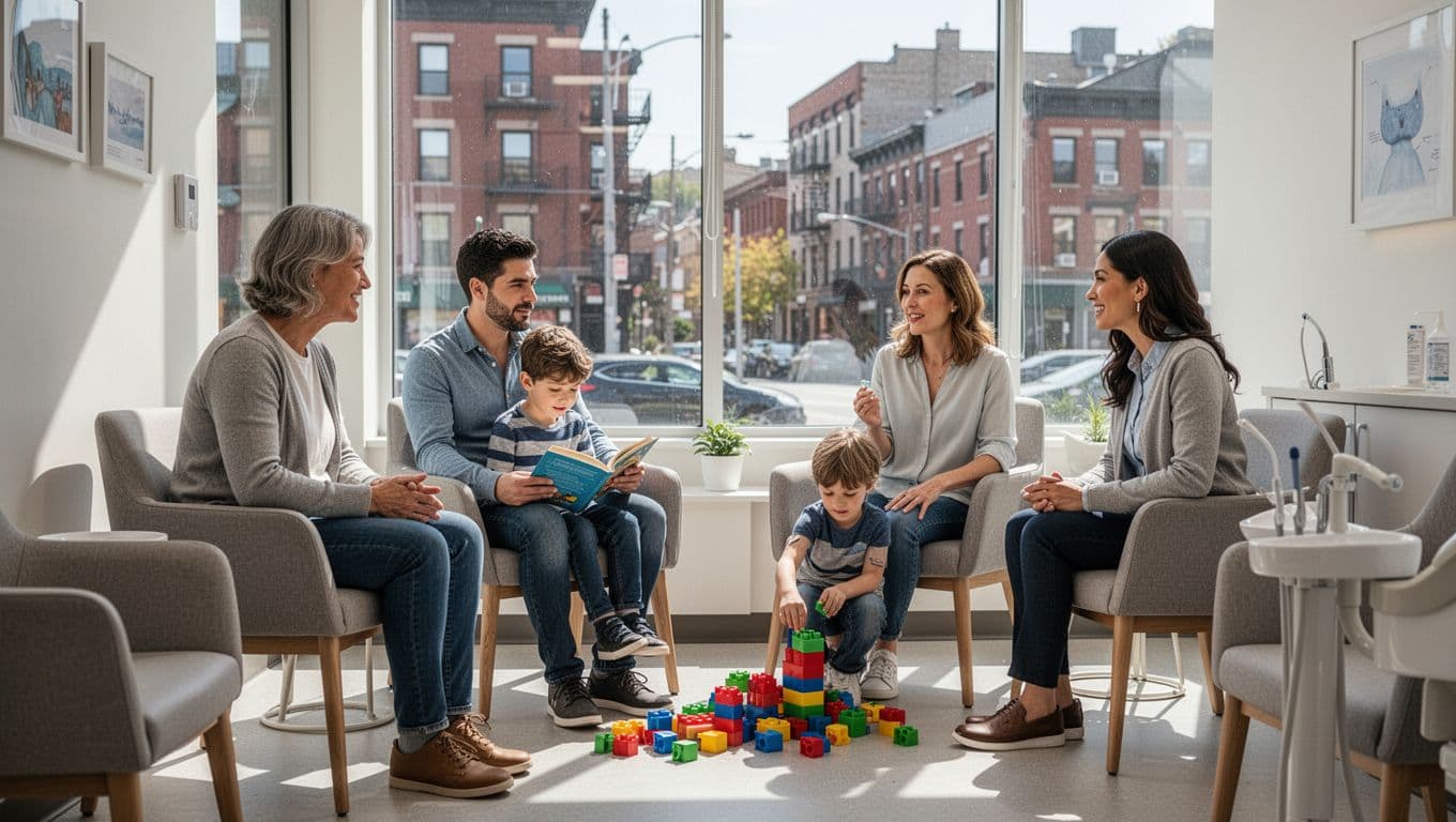 A smiling family of two parents and two kids (ages 7 and 10) relaxes in a bright modern dental clinic waiting room. Parents chat casually while one child reads a book and the other plays with toy blocks, in a clean, welcoming space with natural daylight.