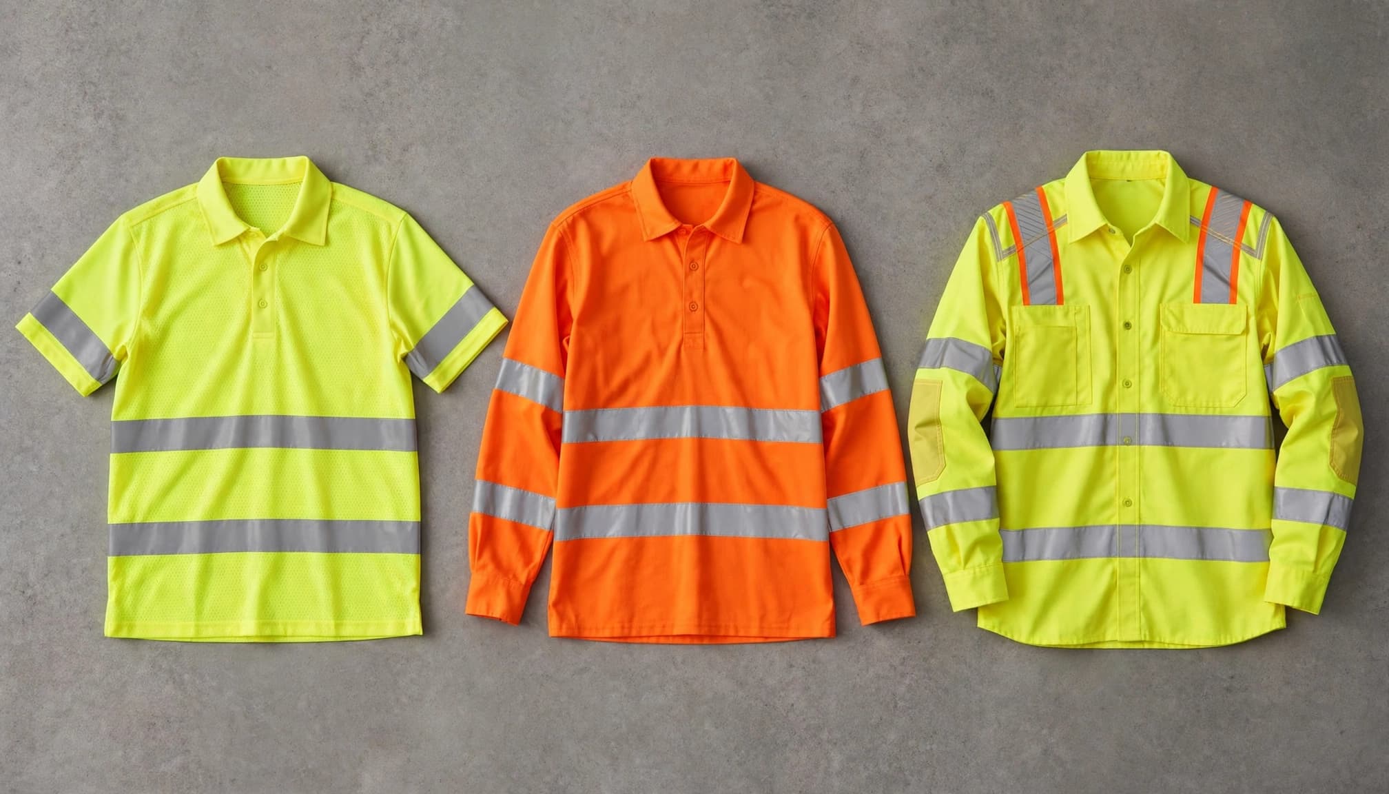 Three fluorescent safety shirts with reflective bands in short- and long-sleeve styles.