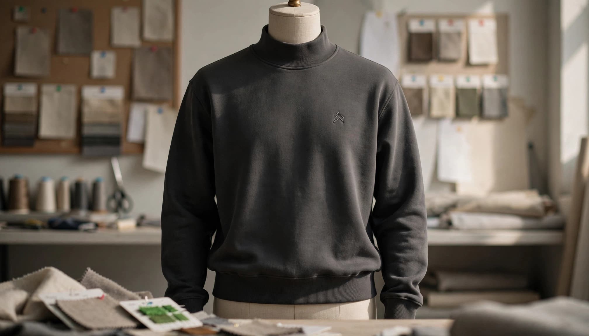 A charcoal mockneck sweatshirt on a tailor's form with an embroidered chest mark.