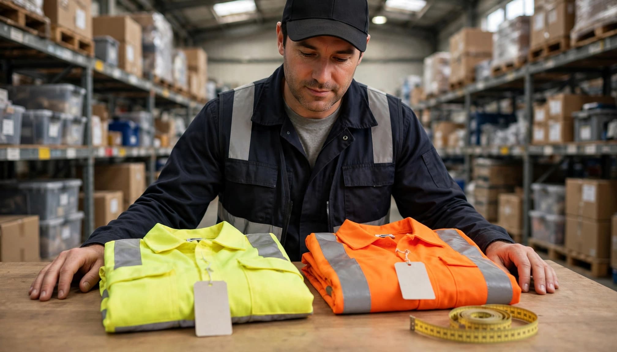 A supervisor compares yellow-lime and orange safety shirts on a warehouse table.