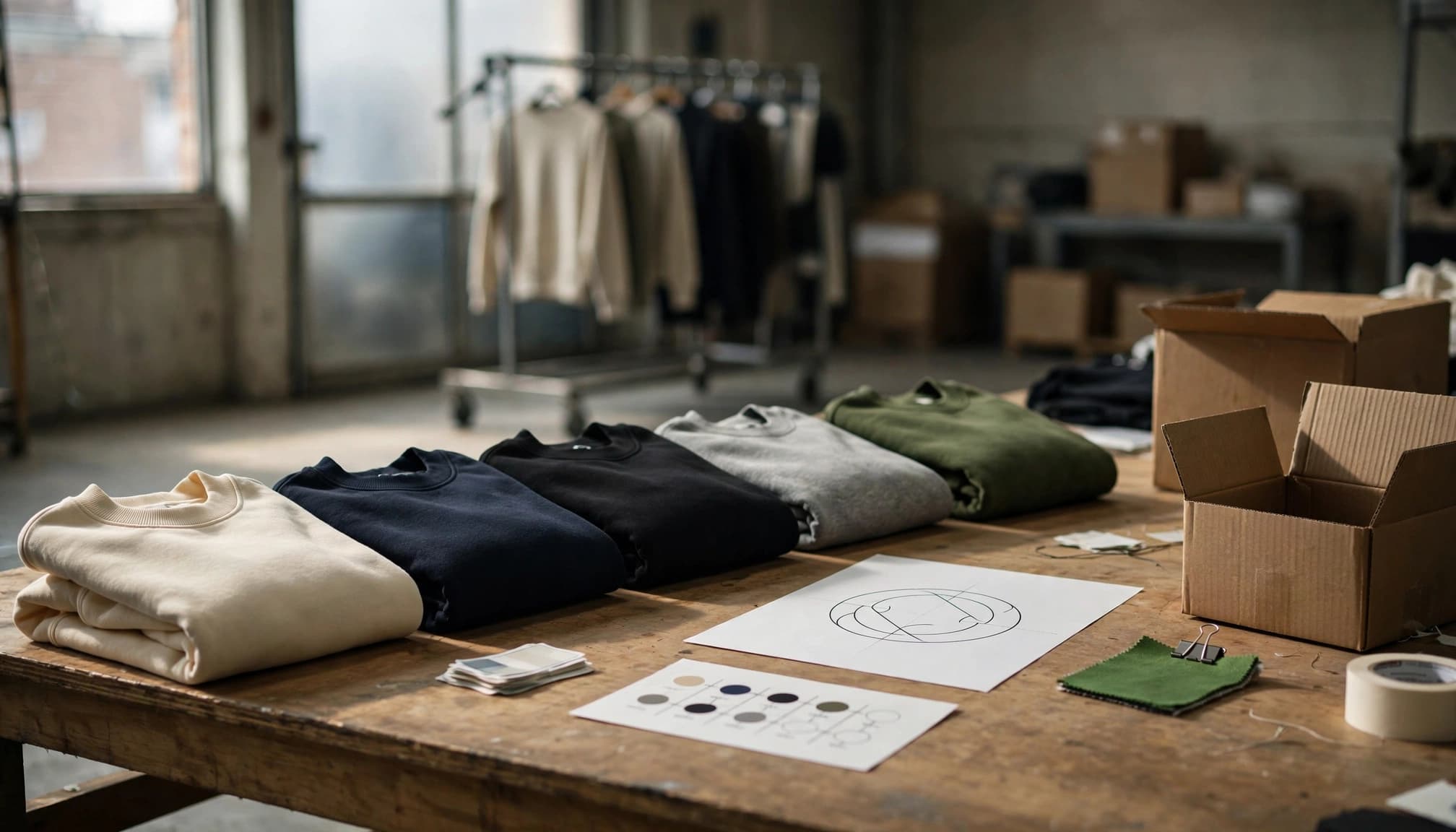 Folded sweatshirts, logo artwork, color swatches, and cardboard boxes on a large wooden worktable.