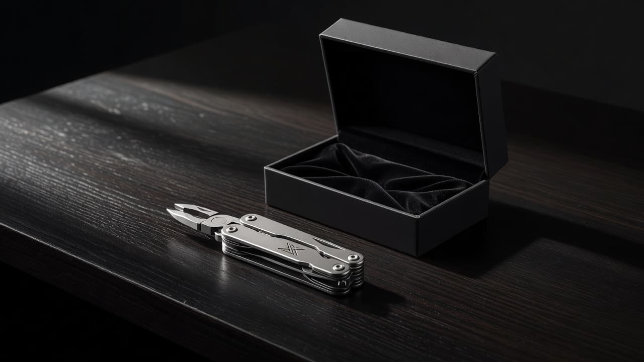 A polished metallic multi-tool rests beside an elegant open gift box on a dark desk surface. The directional lighting highlights the intricate engraving on the steel and the soft box texture.