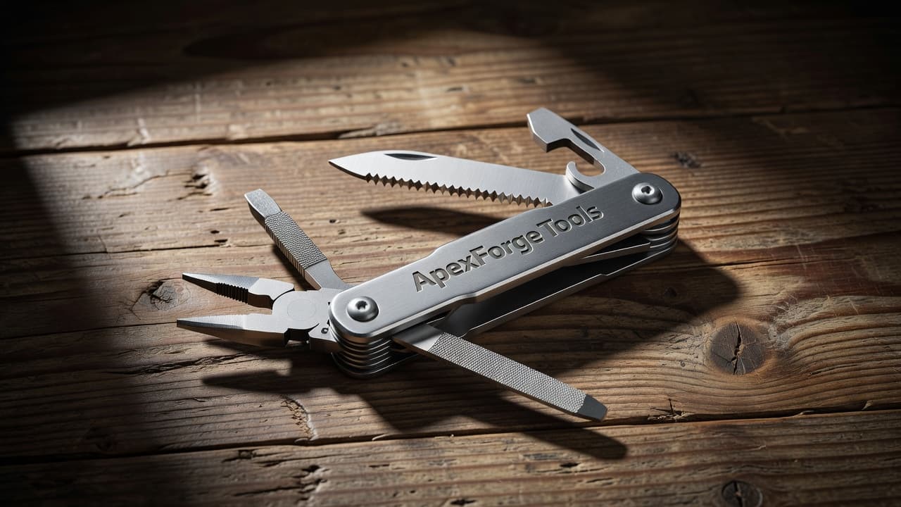 A polished stainless steel multi-tool rests on a textured rustic wooden desk. Cinematic lighting highlights the precise laser-engraved corporate logo on the metal handle and the sharp edges of the tool.