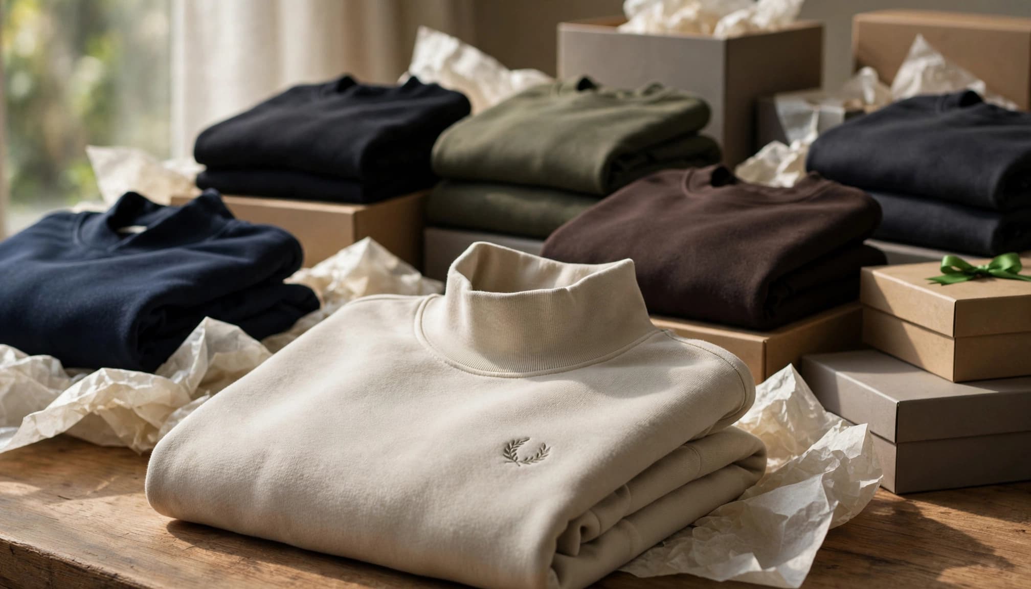 Stacked mockneck sweatshirts in neutral colors arranged on a table with gift boxes.