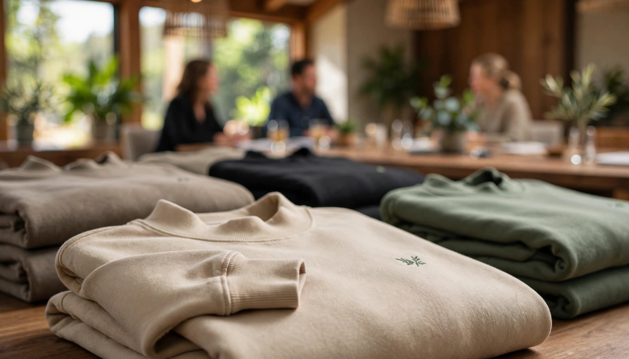Folded mockneck sweatshirts on a table in the foreground with people in the blurred background.