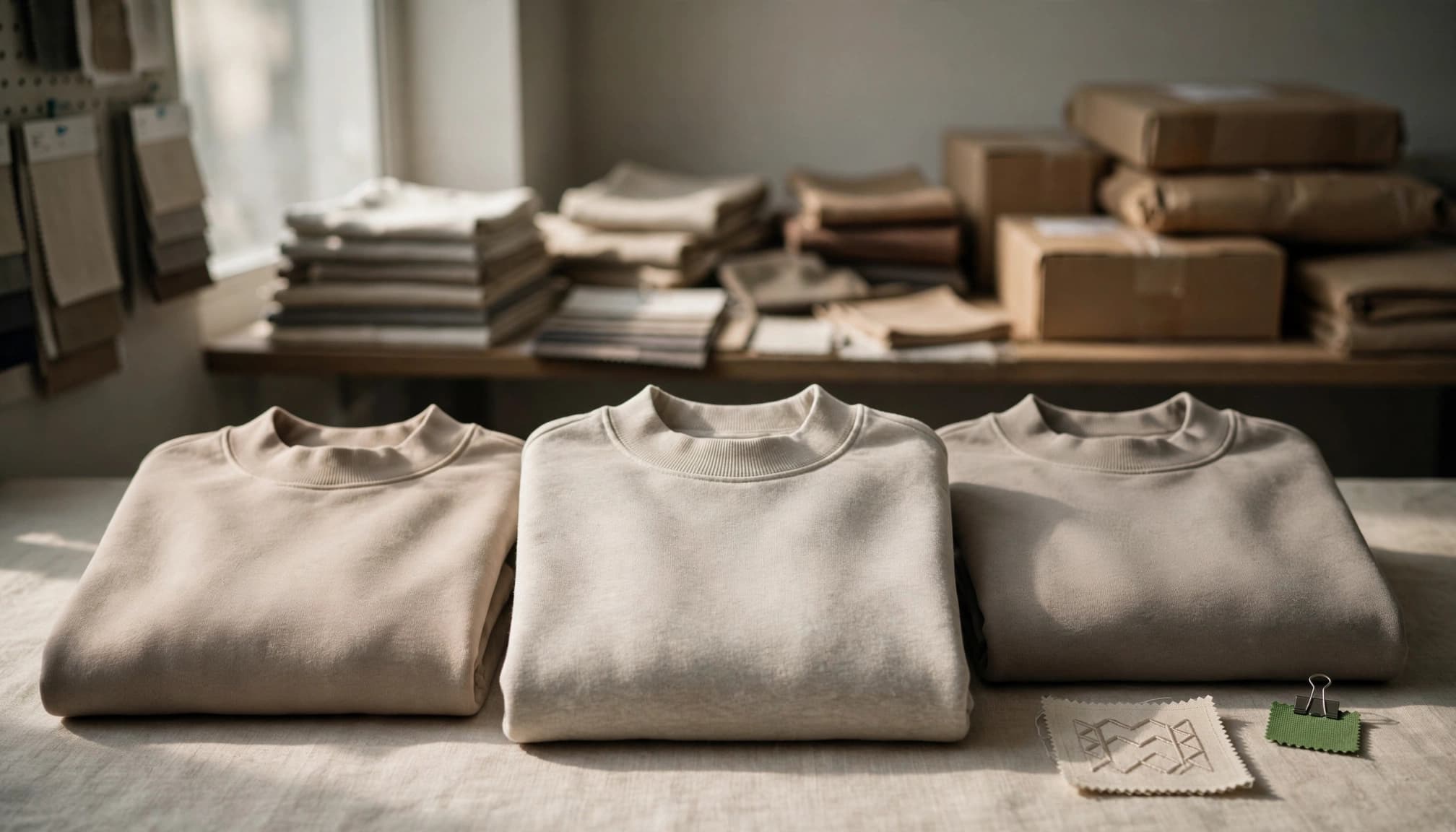 Three folded mockneck sweatshirts in neutral tones rest on a table with a fabric swatch and green sample.