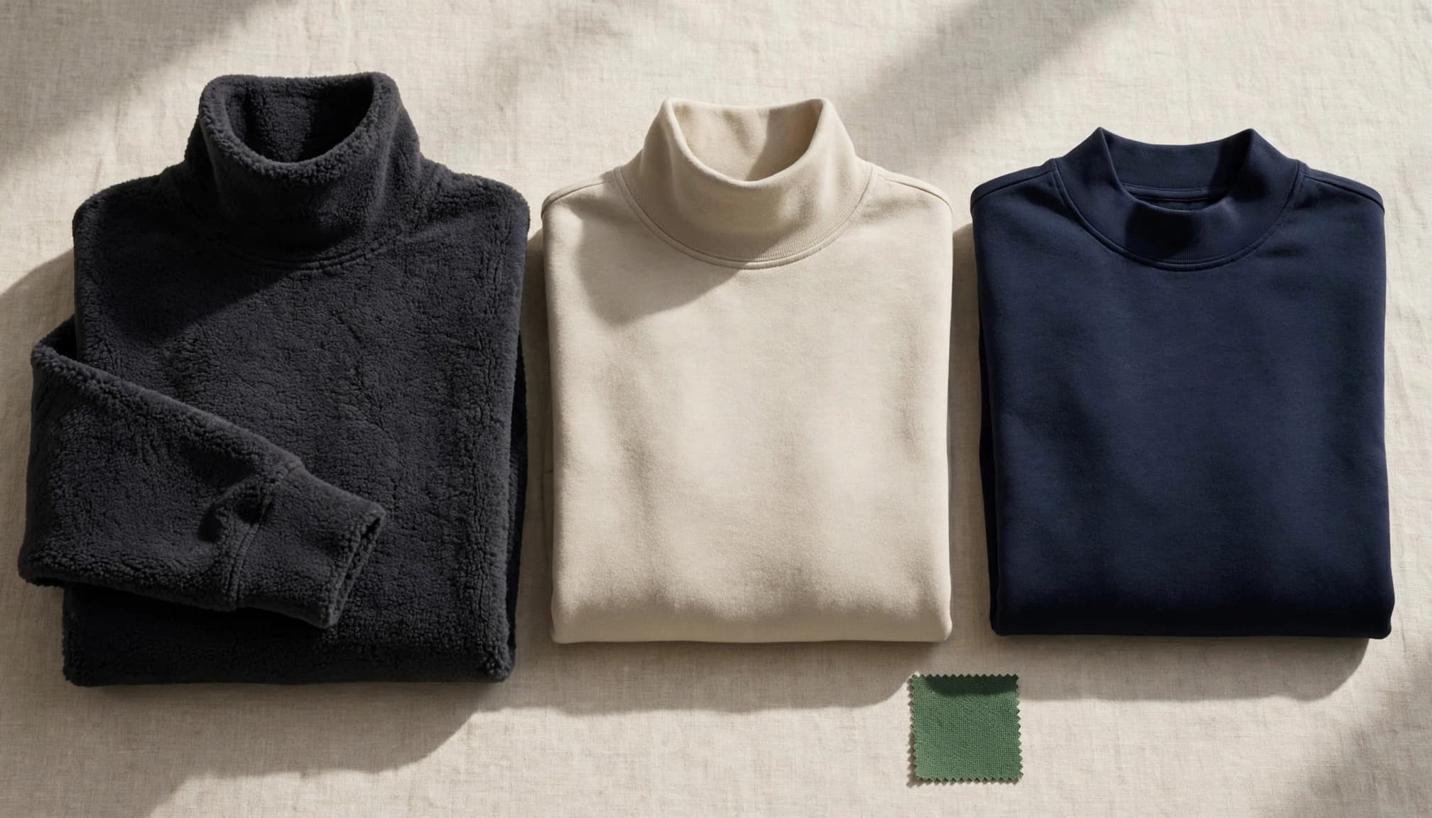 Three folded mockneck sweatshirts in dark grey, beige, and navy lie side by side with a green swatch.