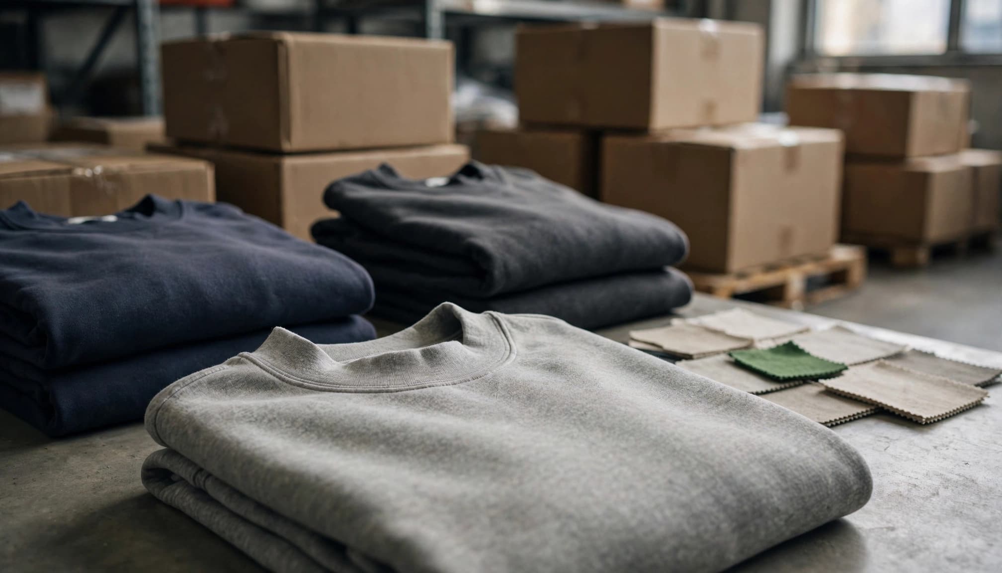 Folded sweatshirts and fabric swatches on a table in a warehouse with cardboard boxes.