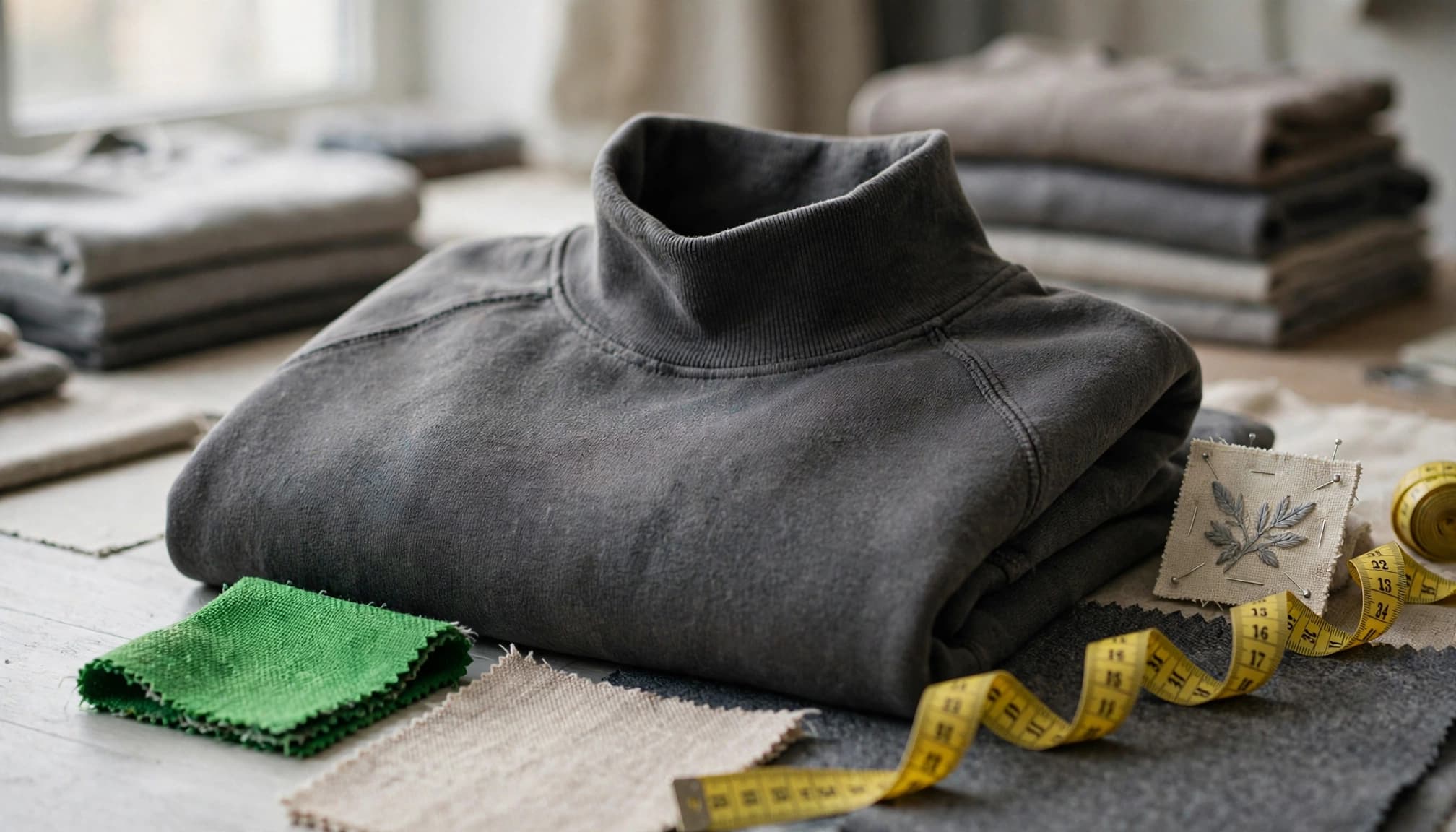 A folded charcoal mockneck sweatshirt with fabric swatches, a measuring tape, and an embroidery sample on a table.
