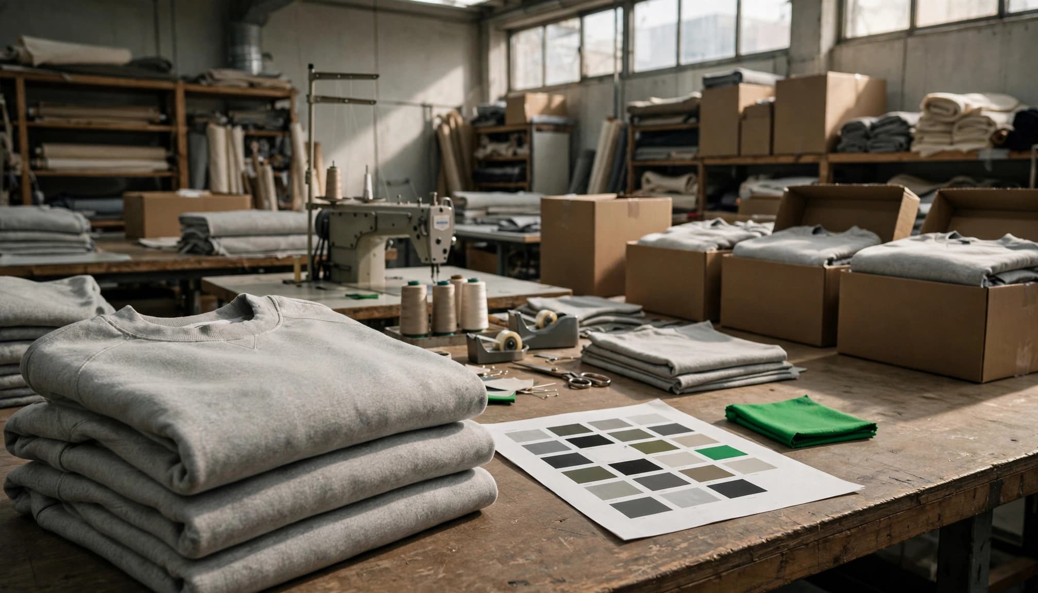 A factory studio with folded sweatshirts, a color swatch sheet, and cardboard packing boxes.