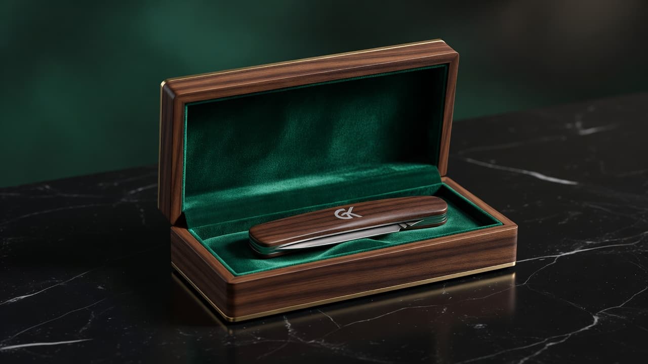 A high-end pocket knife with a polished wooden handle rests inside an open display box. The blade features a custom corporate engraving, accented by rich green packaging under soft lighting.