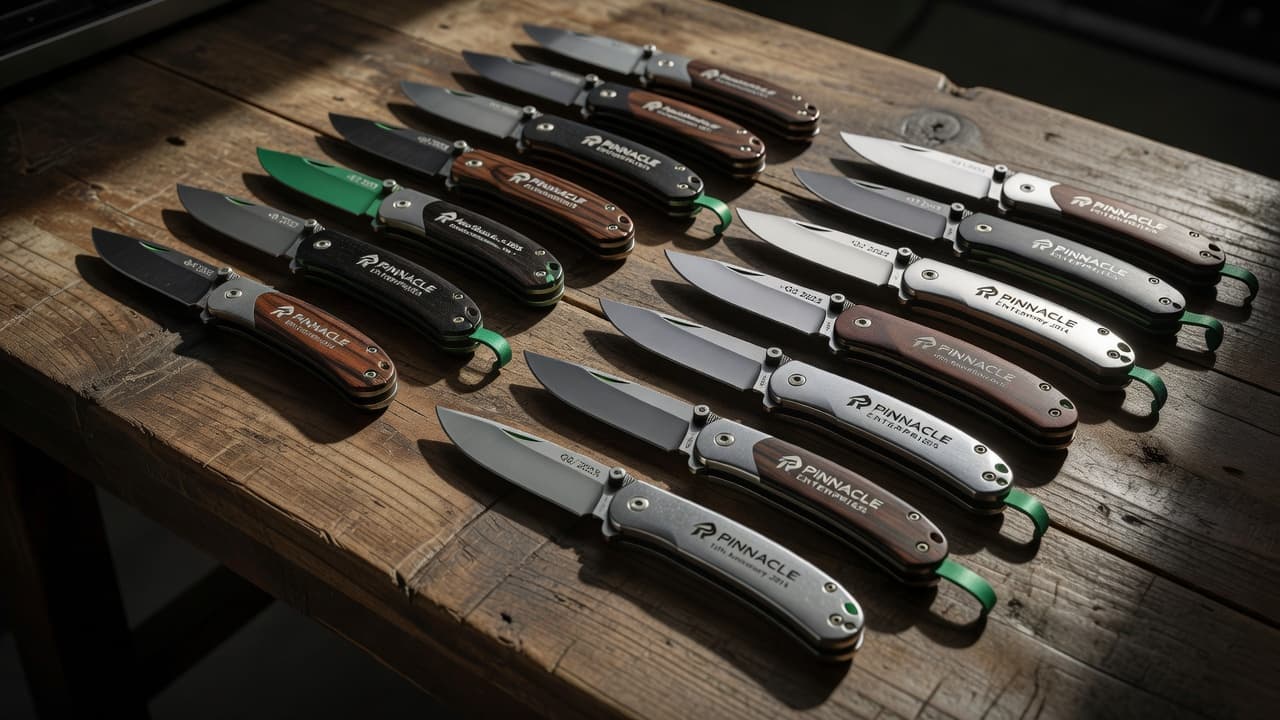 Several premium pocket knives with wooden and metallic handles rest on a rustic wooden table. Each blade handle displays custom corporate laser engravings while vibrant green accents highlight the sharp craftsmanship.