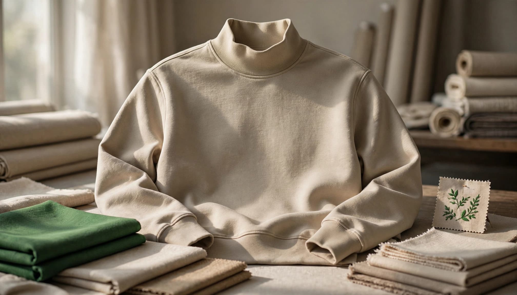 A beige mockneck sweatshirt on a table with fabric swatches and an embroidery sample.