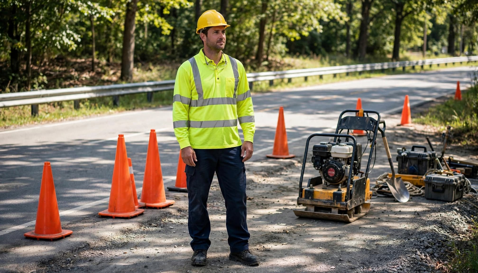 A road worker in a bright reflective shirt stands beside cones and equipment.