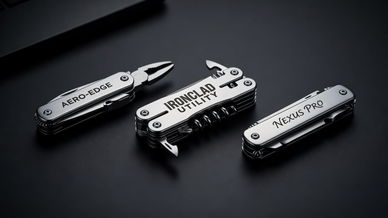 Three unique stainless steel multitools with laser-etched branding rest on a dark desk surface. Dramatic, moody side-lighting highlights the sharp metallic textures and precision engravings of each industrial pocket tool.