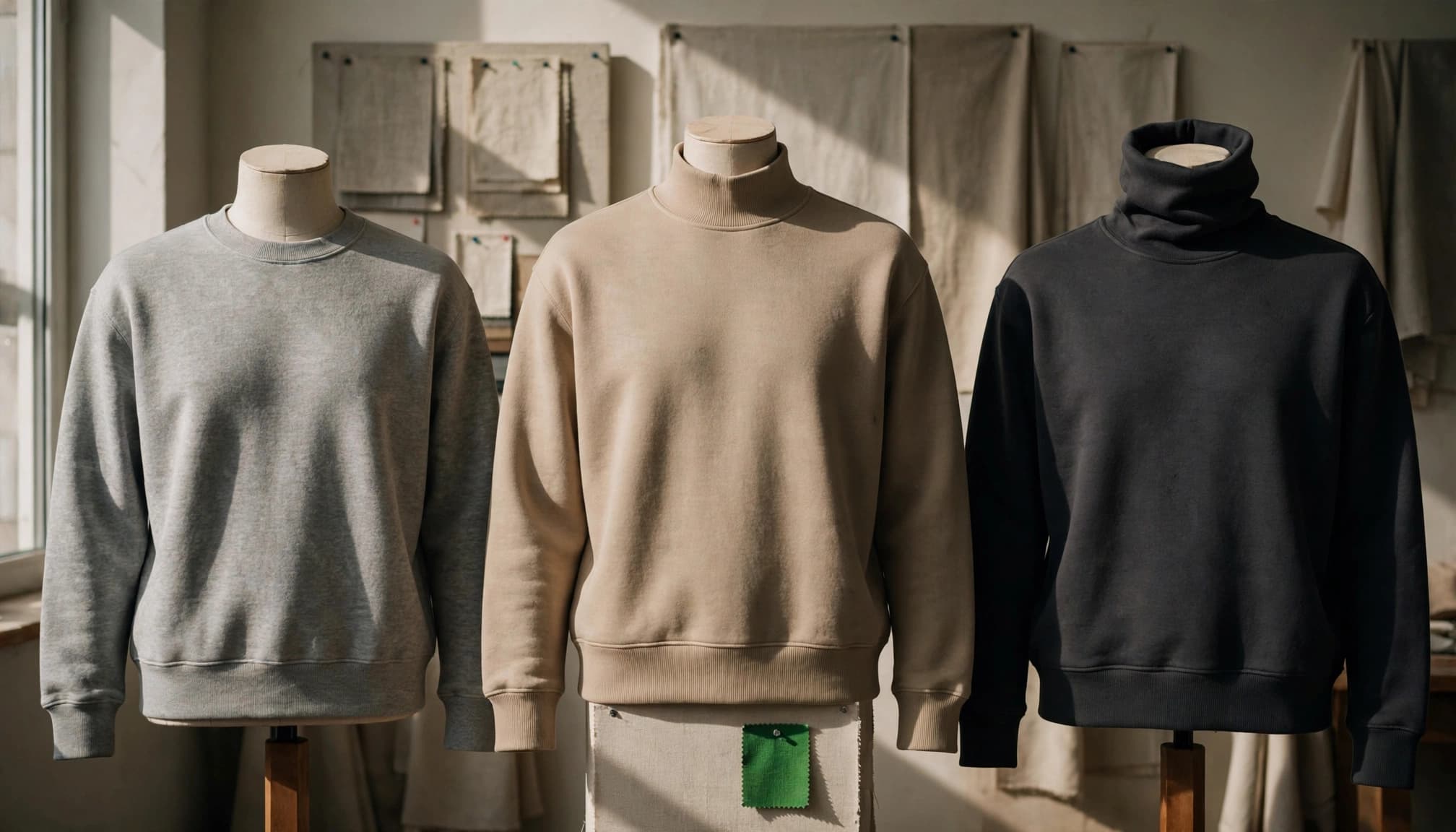 Three torso forms display a grey crewneck, tan mockneck, and black turtleneck sweatshirt side by side.