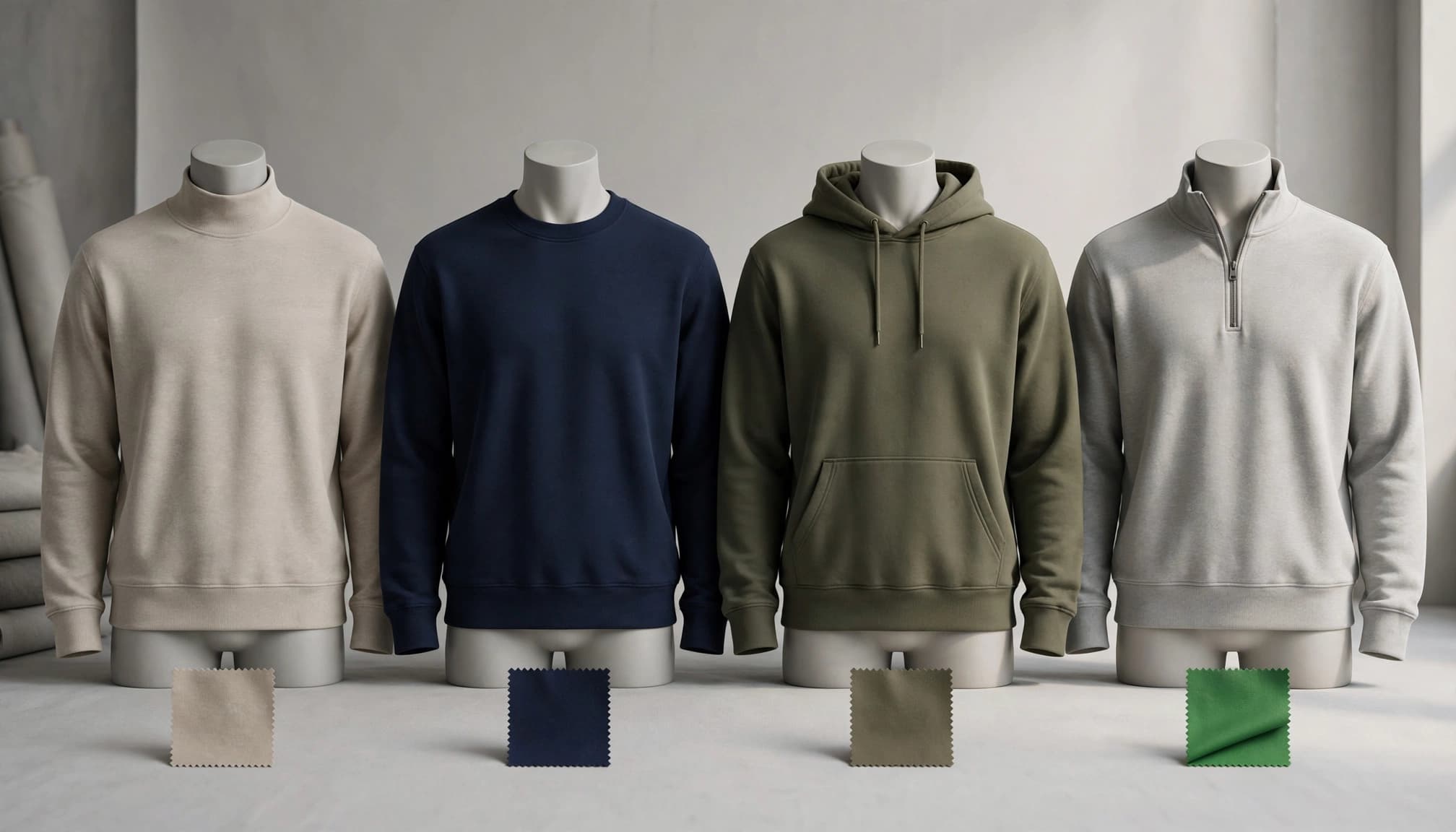 Four mannequins display a mockneck, crewneck, hoodie, and quarter-zip sweatshirt.