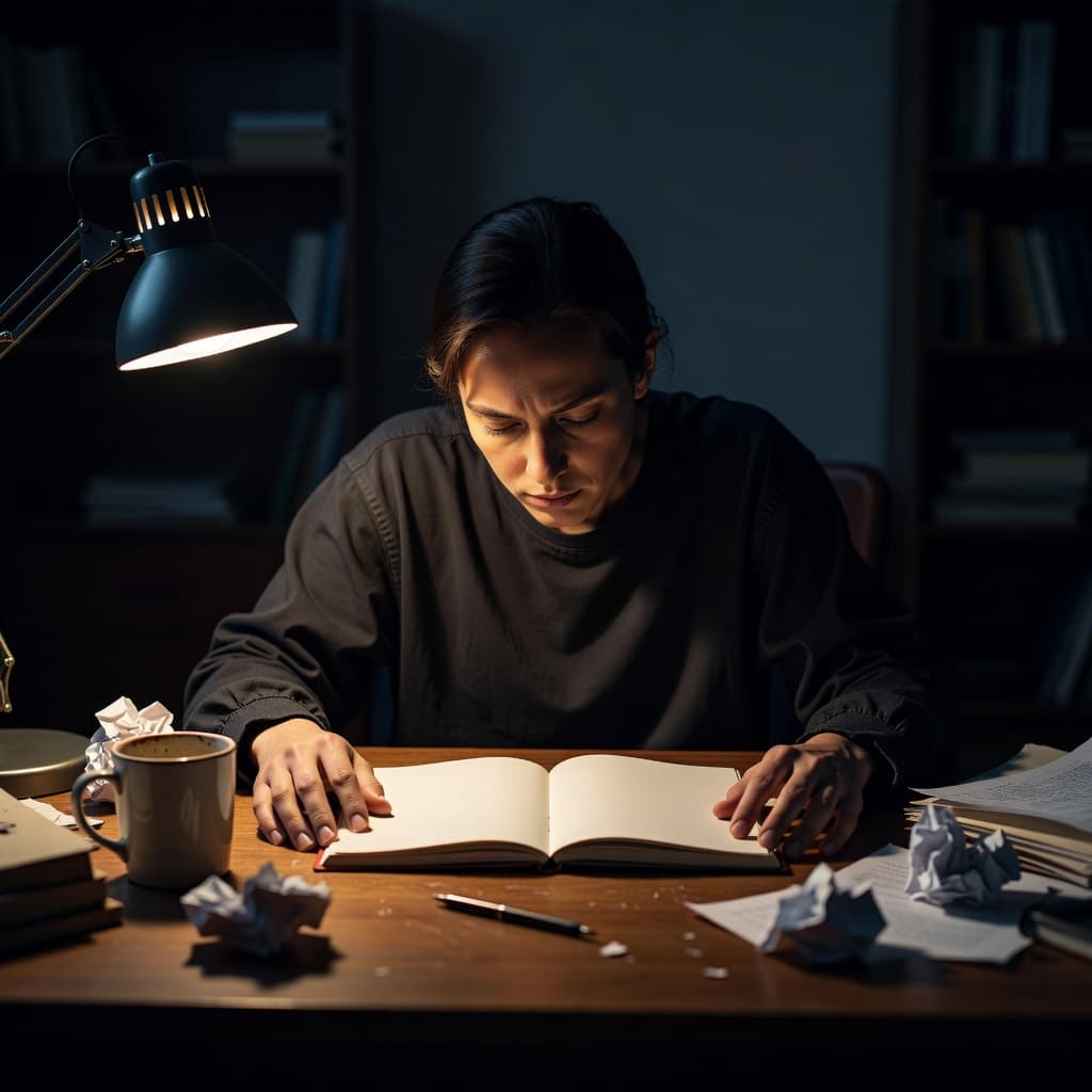 A person sits slumped at a desk staring at an empty open notebook under moody, high-contrast lighting. Shadowy surroundings emphasize their weary expression and the heavy silence of creative exhaustion.