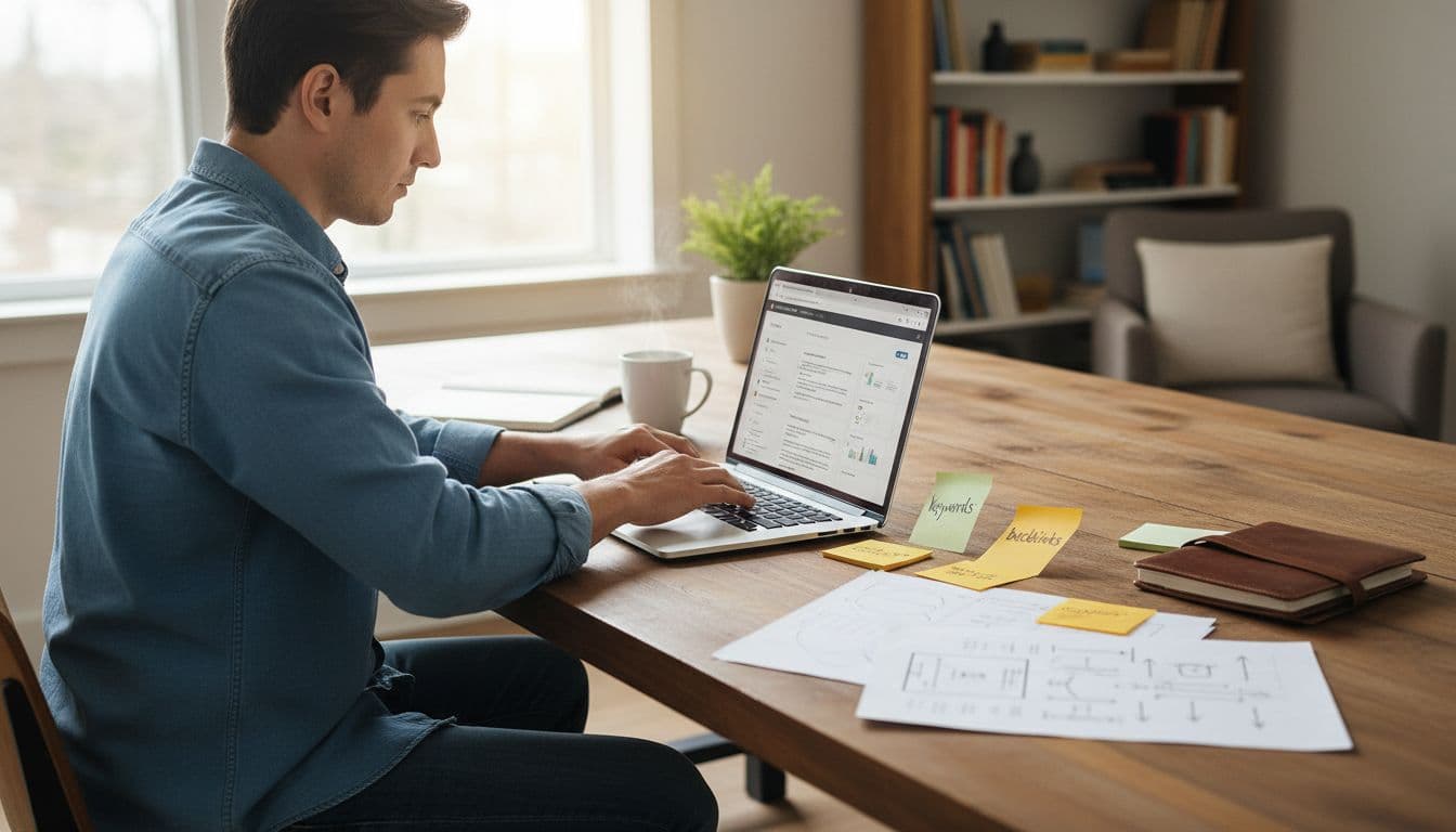 एक व्यक्ति होम ऑफिस सेटिंग में लैपटॉप पर अपनी ब्लॉग वेबसाइट का SEO ऑप्टिमाइजेशन करता हुआ, साधारण नोट्स के साथ। सेंट्रल कंपोजिशन में फोटोरियलिस्टिक स्टाइल, ब्राइट डेलाइट लाइटिंग।