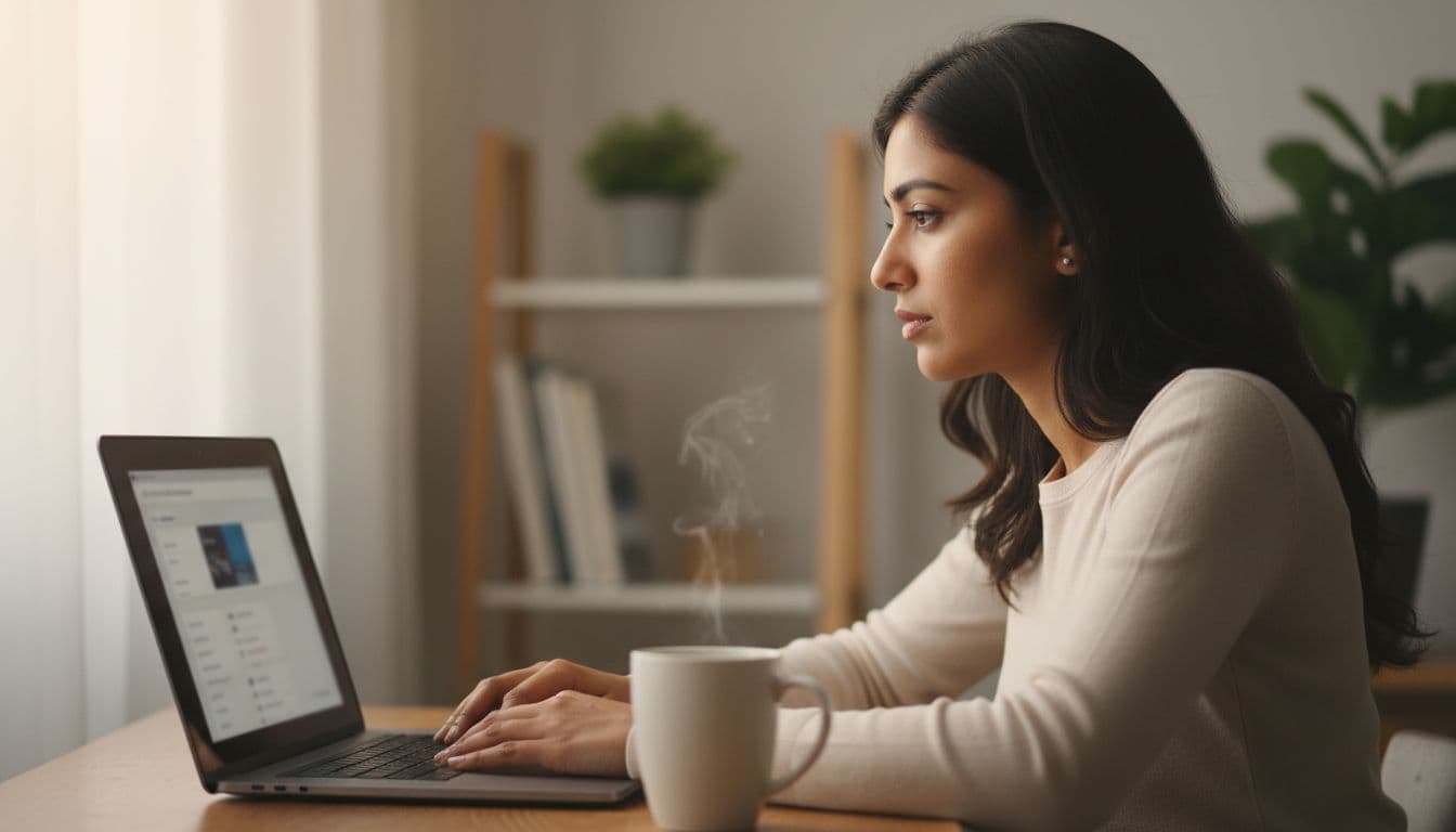 An Indian freelancer sets up an e-commerce store on a laptop in a simple home office with a coffee mug, featuring a slightly blurred dashboard, focus on the person's face, soft warm lighting, and realistic style.
