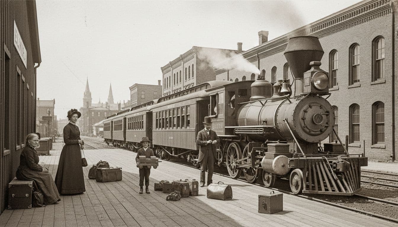 Realistic historical photograph of a 1850s steam locomotive pulling passenger cars into Elmira, New York railroad depot, with four travelers on the wooden platform amid trunks, Victorian warehouses, and town buildings under bright daylight.