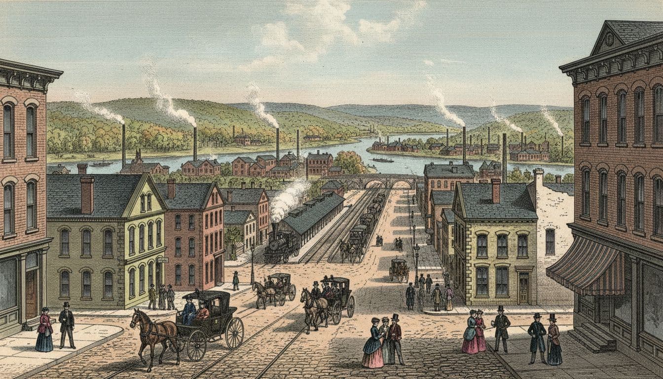 Bustling 1860s downtown streets of Elmira, New York, as the Queen City of the Southern Tier, with horse-drawn carriages, pedestrians, Victorian buildings, factories and warehouses along the Chemung River, and a prominent railroad depot in vintage lithograph style.
