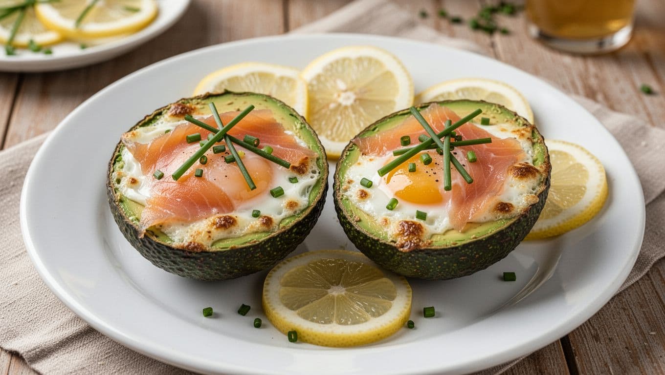 Two avocado halves filled with baked eggs, topped with slices of smoked salmon, garnished with chives and lemon slices on a white plate in a kitchen table setting under natural daylight.