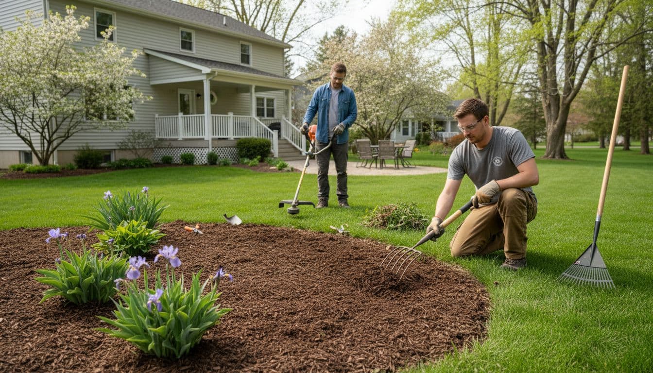 Two landscaping workers in a suburban Elmira New York backyard: one spreads mulch in flower beds, the other edges the lawn with a trimmer under bright spring daylight.