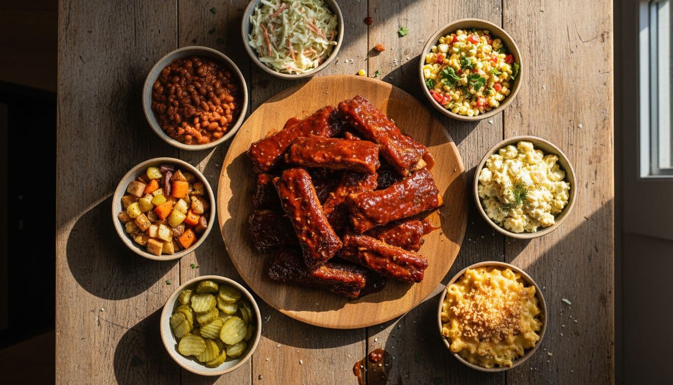 Overhead flatlay view of a large wooden platter centered with glossy saucy barbecue pork ribs, surrounded by exactly seven small bowls of coleslaw, baked beans, corn salad, potato salad, mac and cheese, roasted vegetables, and pickles on a rustic wooden table.
