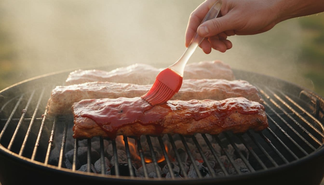 Close-up of a hand using a silicone brush to apply glossy red barbecue sauce to the meaty side of pork spare ribs on a hot grill grate, light smoke rising from the coals below, realistic photo style with warm golden hour lighting.