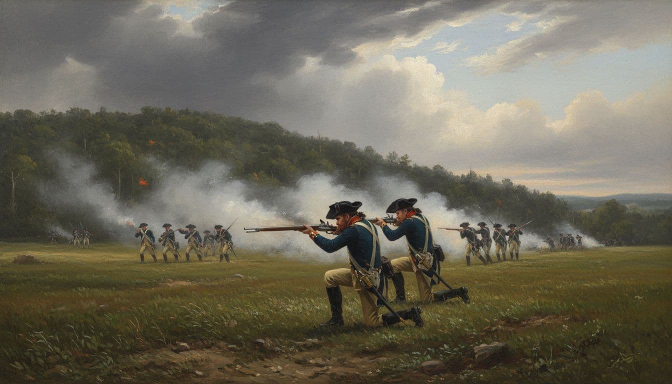 Historical battlefield scene of the Battle of Newtown 1779, showing Continental Army soldiers advancing in formation across an open field south of Elmira against a wooded hill, with musket smoke, two foreground soldiers—one aiming a rifle and one reloading—under a dramatic overcast sky in realistic 18th-century painting style.
