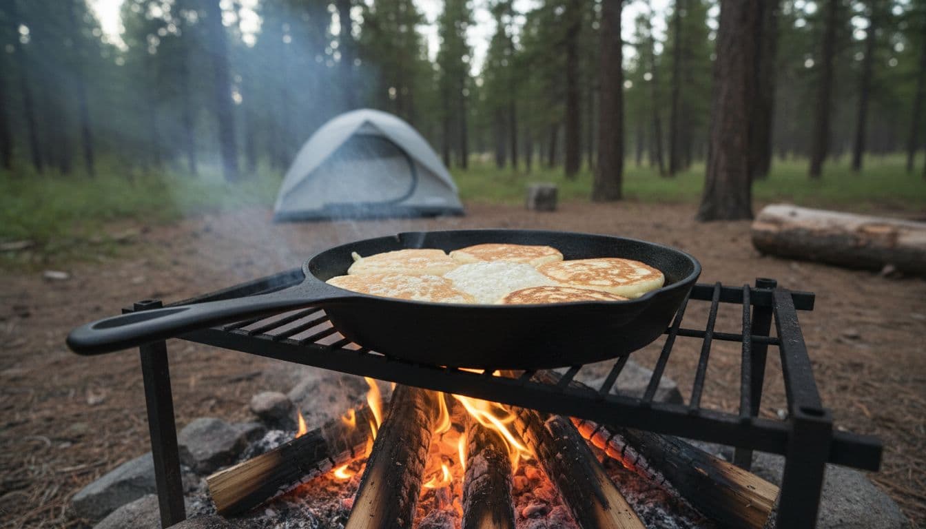 Cast iron skillet on a grate over a controlled campfire at a campsite, with golden brown pancakes cooking and bubbles on top, smoke rising, woods and tent in soft focus background, realistic food photography in warm firelight and daylight.