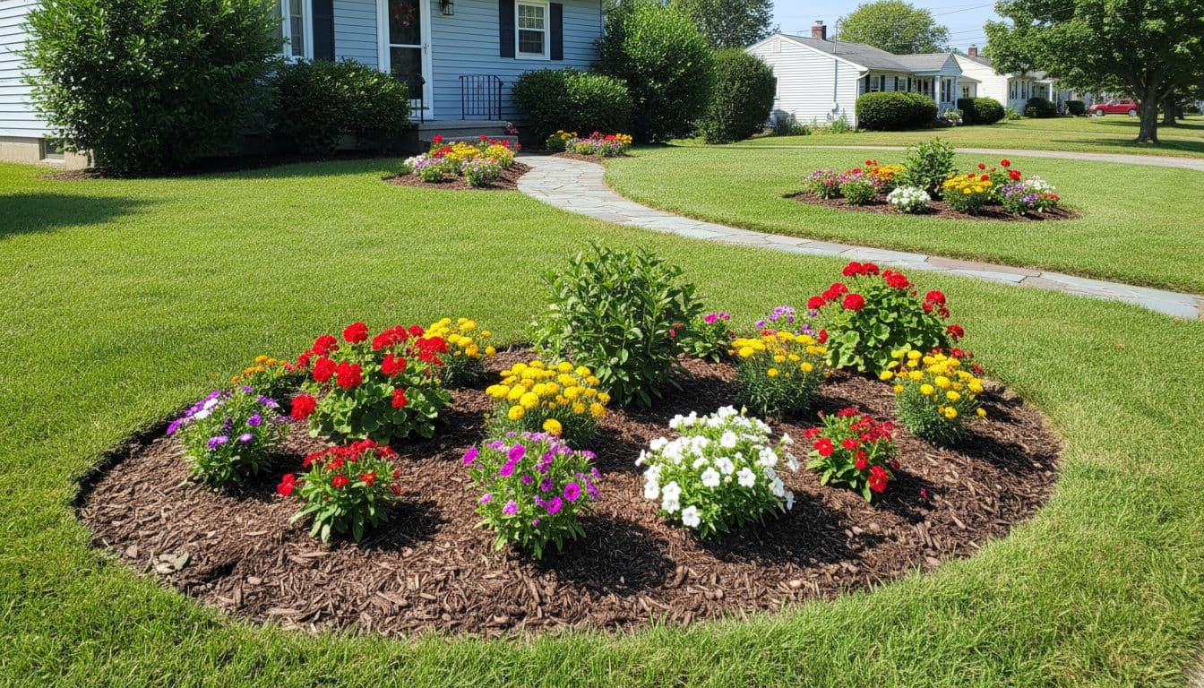 Neat green lawn with crisp edges, mulched flower beds with colorful annuals, and simple stone path create budget-friendly curb appeal in a suburban Elmira, New York front yard under sunny midday light.