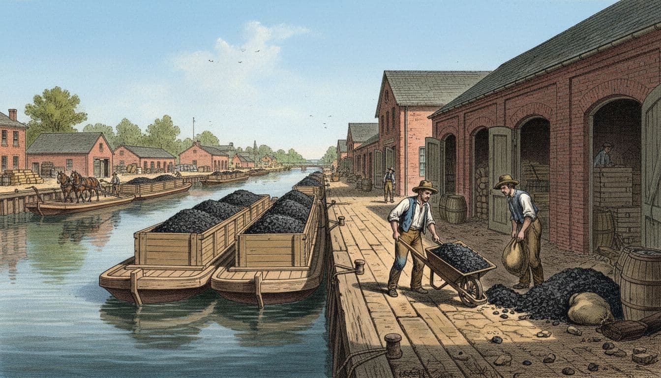 Long canal boats loaded with Pennsylvania coal barges tied at dockside warehouses in 1830s Elmira, New York, with two workers unloading coal sacks using wheelbarrows and horse teams pulling empty boats on a clear sunny day.