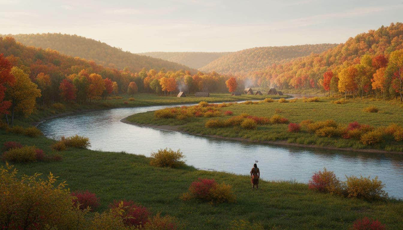 Serene Chemung River valley landscape in autumn, wide river winding through green valley with forested hills and distant native longhouse village, one figure in traditional attire near riverbank, soft natural lighting, historical realism style.