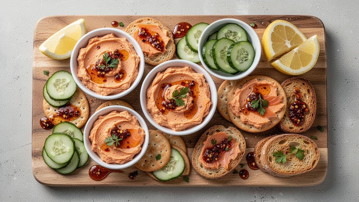 Overhead view of a charcuterie board with creamy chili crisp smoked salmon mousse served on crackers, cucumber slices, and mini toasts, drizzled with red chili crisp oil, herb garnishes, and lemon wedges nearby in vibrant, appetizing colors.