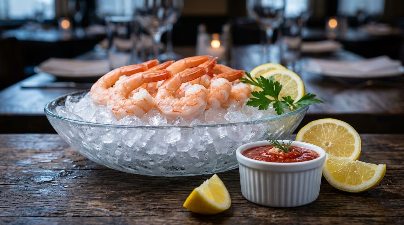 Chilled cooked shrimp on crushed ice in a glass bowl next to red cocktail sauce and lemon slices, elegant seafood style, side view with cool blue lighting.