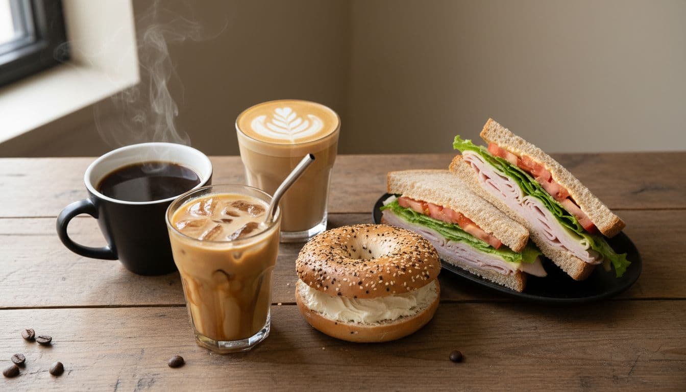 Top-down view of fresh coffee drinks on a wooden cafe table: steaming black coffee, latte with foam art, flavored iced coffee, alongside a bagel with cream cheese and halved turkey sandwich, in natural daylight, high detail realistic photo.