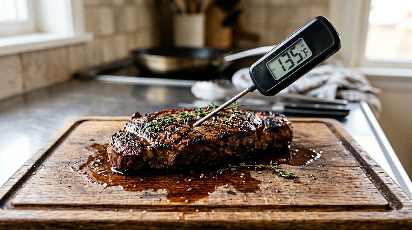 Instant-read digital thermometer probe inserted into the thickest part of a grilled New York strip steak on a wooden cutting board, with juice pooling and blurred kitchen counter background.